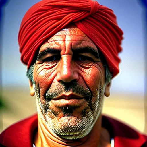 Image similar to portrait of jeffrey epstein as afghan man, green eyes and red turban looking intently, photograph by steve mccurry