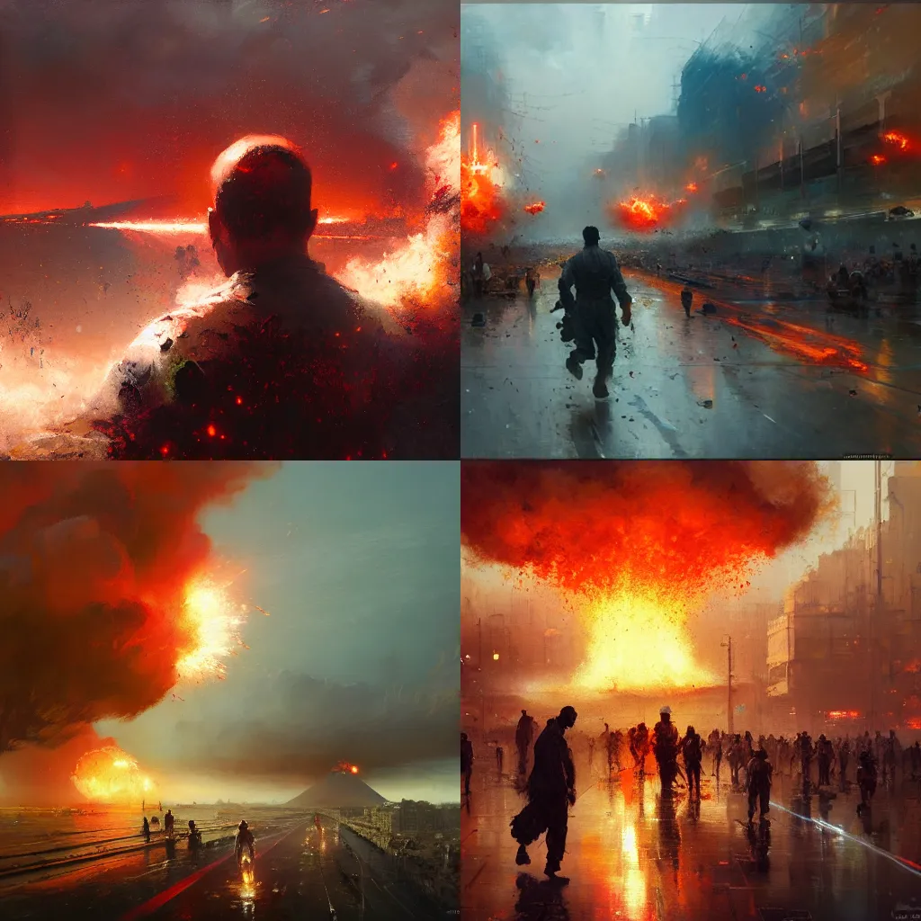 Prompt: Atom bomb explosion in Mumbai, by Craig Mullins, by Greg Rutkowski, by Ruan Jia, oil on canvas, masterpiece, detailed, dynamic, cinematic composition, beautiful lighting, view from ground, trending on artstation, top on pixiv, 8K, award winning, no frames,