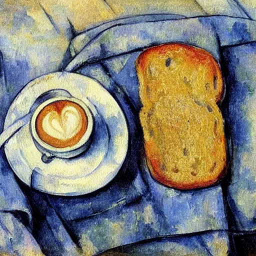 Prompt: watercolor still life of a mug of coffee and a slice of toast by Paul Cezanne in 1895