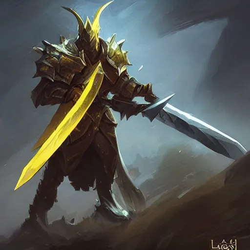 Image similar to yellow broad sword, war blade weapon, fantasy game weapon art by greg rutkowski, fantasy rpg style, league of legends style