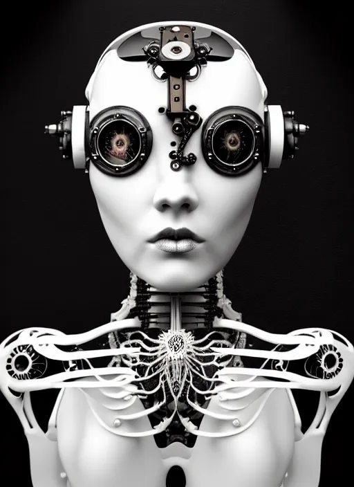 Image similar to 1 9 3 0 black and white gothic masterpiece profile face portrait, one steampunk eye biomechanical beautiful young female cyborg - robot, body ribs meshes, big monocular, volumetric light, hibiscus flowers, by hg giger, rim light, big gothic fashion pearl embroidered collar, 8 k