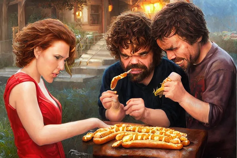 Image similar to portrait of peter dinklage sharing hotdogs with scarlett johansson, an oil painting by ross tran and thomas kincade