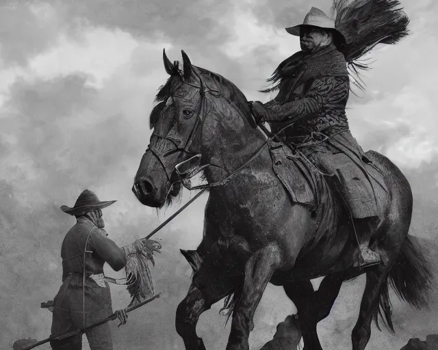 Image similar to a black and white photo of a man on a horse, an ambient occlusion render by frederic remington, cgsociety contest winner, fantasy art, matte drawing, vray, matte painting