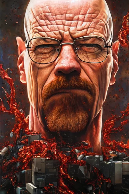 Prompt: uhd hyperrealistic photorealisitc hyperdetailed detailed walter white puking blood, screaming, with sparking circuits, studio lighting, by ayami kojima amano karol bak, greg hildebrandt and mark brooks