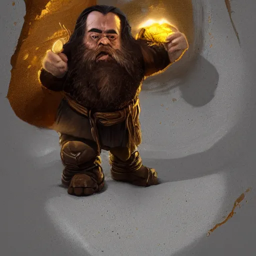 Image similar to portrait of a brutal dwarf hugging the humongous raw, unrefined gold nugget, lump of native gold, realistic, handsome eyes and hands, fantasy art, dnd, lord of the rings, mid - shot, moody lighting, by greg rutkowski, stanley lou, artgerm, trending on artstation, concept art, sharp focus, ray tracing