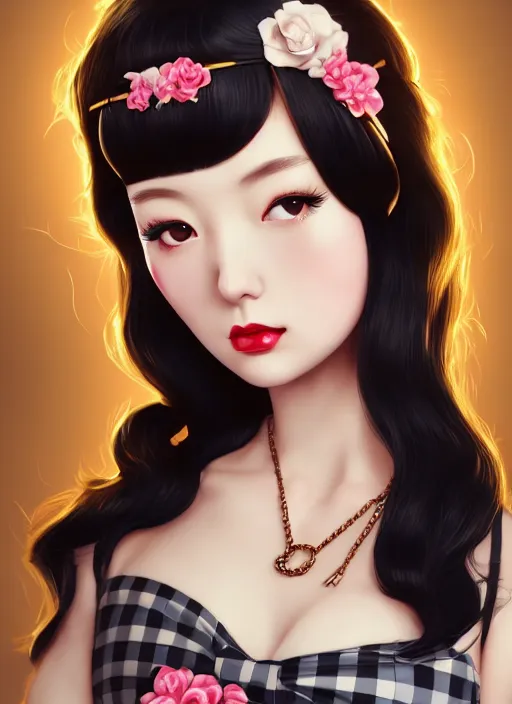 Image similar to a pin up and beautiful fashion dreamlke japan girl with lv jewelry, character art, art by artgerm, wlop, loish, hyperdetailed, 8 k realistic, symmetrical, global illumination, radiant light, frostbite 3 engine, cryengine, dof, trending on artstation, digital art, chanel, dior, detailed background