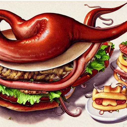 Image similar to a beautiful ultra detailed anatomical illustration of a giant squid holding many burgers, tentacles wrapped around burgers, artstation, 8 k