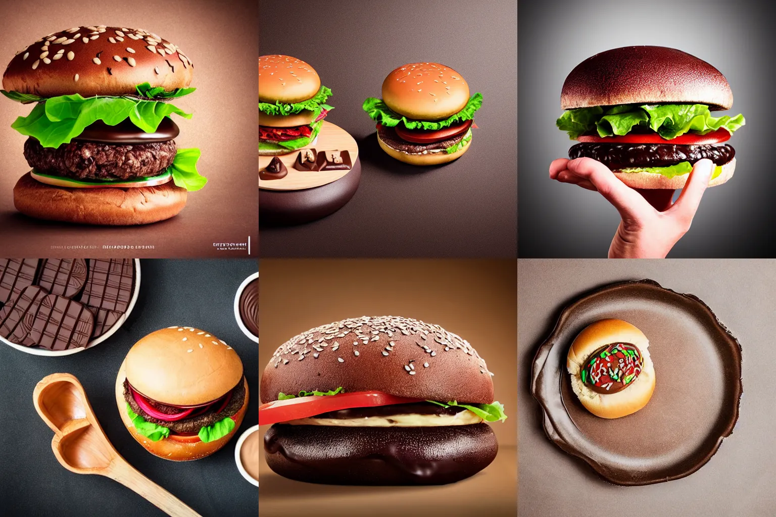 Prompt: hamburger made entirely out of chocolate!!!!!, advertisement, food photography, studio lighting