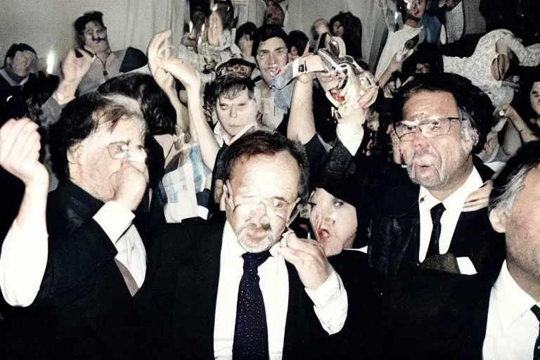 Image similar to close up portrait of situation during party in 1990's, in house, flash photography, photojournalism,