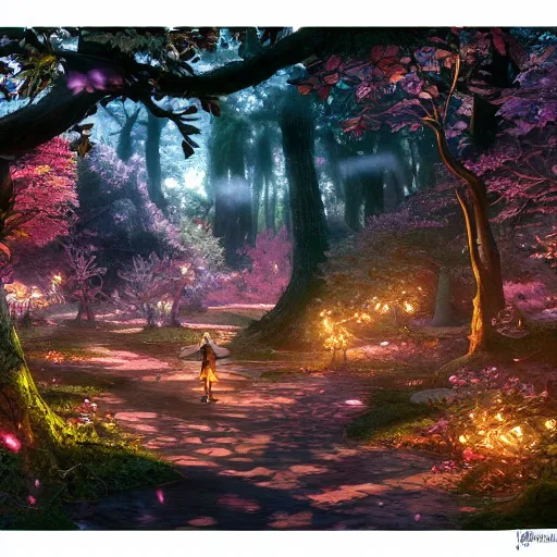 Image similar to the aesthetic view of the beautiful, grand, wistful, dreamy hidden forest at dusk, hyperrealistic anime illustration by iralki nadar, colorful, extremely detailed, intricate linework, super sharp focus, bright colors, octopath traveler, studio ghibli, unreal engine 5 highly rendered, global illumination, radiant light, detailed and intricate environment