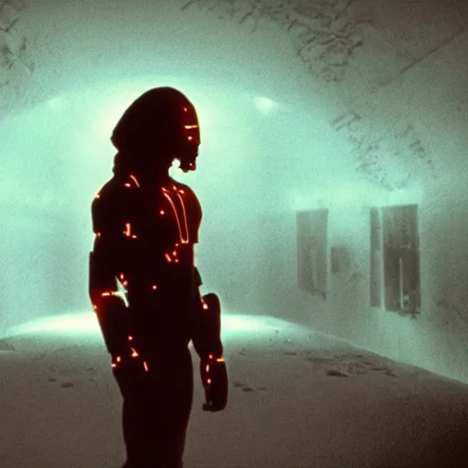 Image similar to movie still of cyborg with glowing third eye, cinematic composition, cinematic light, criterion collection, by andrzej zulawski