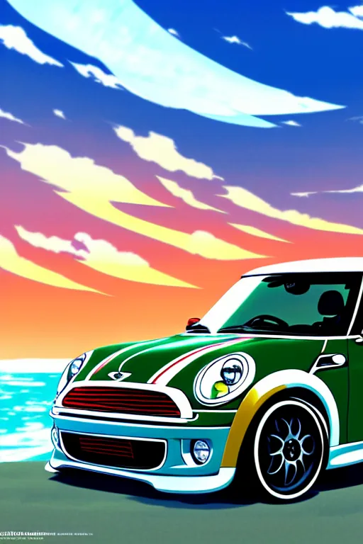 Image similar to anime art vehicle concept art, anime key visual of mini cooper s, at sunset at a beach, trending on pixiv fanbox, studio ghibli, extremely high quality artwork