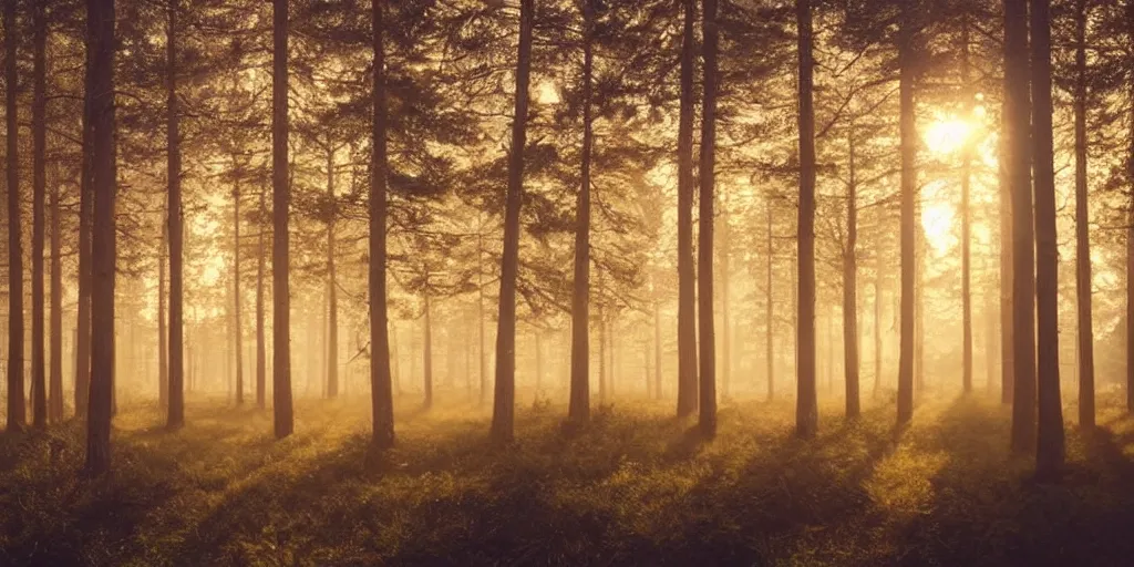 Image similar to swedish forest, photoreal, dawn, hazy, fog, golden hour, sunlight, beautiful!!!!!!!!!, cinematic, atmospheric