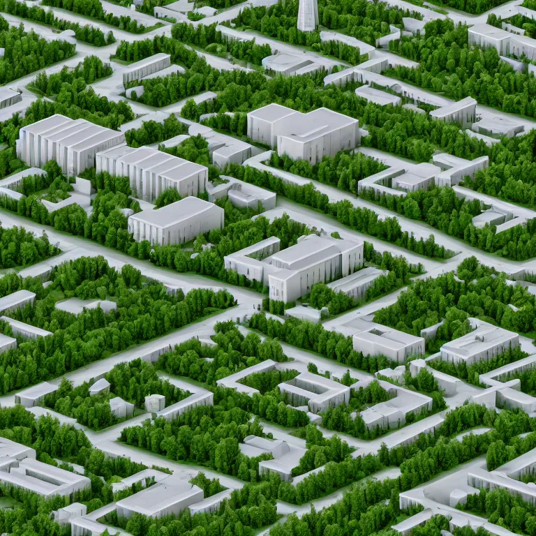 Prompt: render of one-point perspective in the center. soviet town. Two infinitely long monolithic soviet five-story panel buildings. A perfect green grass in the center. High detail, details, ultra realistic render, octane, 3D, view from ground level, render from below, symmetric, cloudless clear blue sky