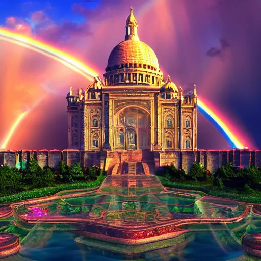 Image similar to Ornate Empire in the clouds heavenly beautiful sun light rainbows holographic iridescent dream 8k Depth of field Render HDR