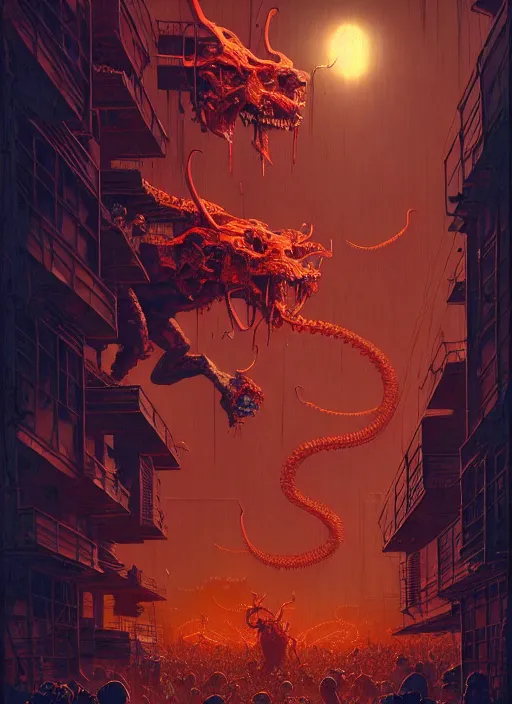 Image similar to masterpiece concept art, neon demons devouring children, by greg rutkowski and geof darrow, 8 k, intricate detail, cinematic lighting