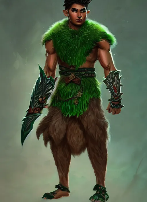 Prompt: a highly detailed illustration of fierce attractive young tanned green haired tribal boy wearing green wolf cape, heroic wielding club pose, muscular, intricate, elegant, highly detailed, centered, digital painting, artstation, concept art, smooth, sharp focus, league of legends concept art, wlop