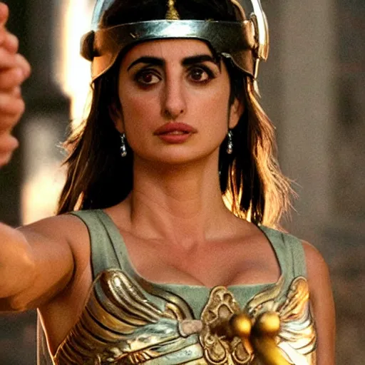 Prompt: penelope cruz as the greek goddess athena fighting in a battle, scene from live action movie