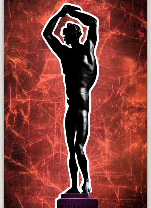 Image similar to design poster showing a statue of hercules, black background with very subtle red and purple design elements, powerful, nekro, vito acconci, graphic design, collage art, subtle thin straight lines, dark, glitch art, neo vaporwave, gritty, layout frame, square, trending on artstation