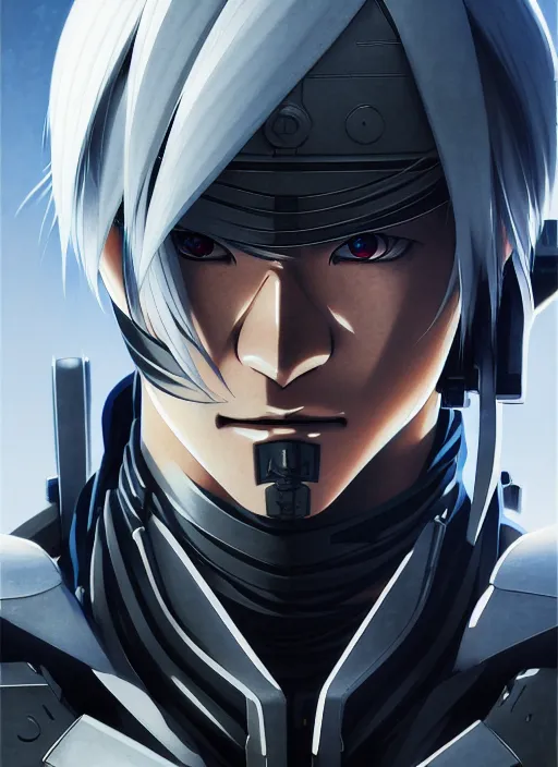 Image similar to a anime portrait of a cyborg ninja raiden, finely detailed features, closeup at the face, sharp focus, perfect art, warzone background, cinematic lighting, intricate, anime, illustration, artstation, trending on pixiv fanbox, painted by greg rutkowski, studio ghibli, yoji shinkawa, hayao miyazaki,