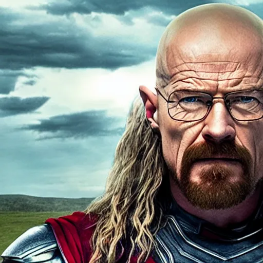 Prompt: Walter White as Chris Hemsworth as Thor, still from Thor Ragnarok