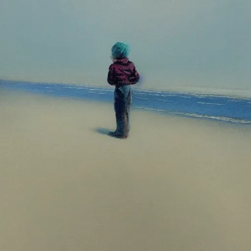 Prompt: atmospheric dreamscape painting of a boy standing on the beach on a foggy day, by moebius and john harris, atmospheric blues, concept art, saturation 40