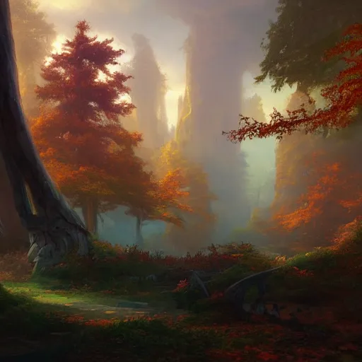 Image similar to autumn forest with a single giant crumbling copper warrior statue, fantasy concept art by tyler edlin, antoine blanchard, thomas cole