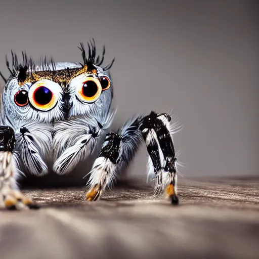 Image similar to jumping spider mixed with owl with 4 eyes and 8 legs,owl feathers, cute creature, hybrid, anamorphic lens, bokeh, kodak color film stock, macro shot