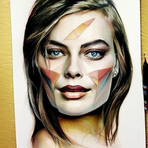 Prompt: face morph tattoo design sketch of beautiful mountain scenery blend in margot robbie face, in the style of matteo pasqualin, amazing detail