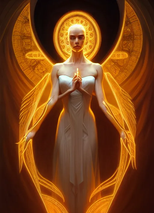 Image similar to symmetry!! demon afraid of angel, glowing lights!! intricate, elegant, good vs evil, highly detailed, digital painting, artstation, concept art, smooth, sharp focus, illustration, art by artgerm and greg rutkowski and alphonse mucha, 8 k