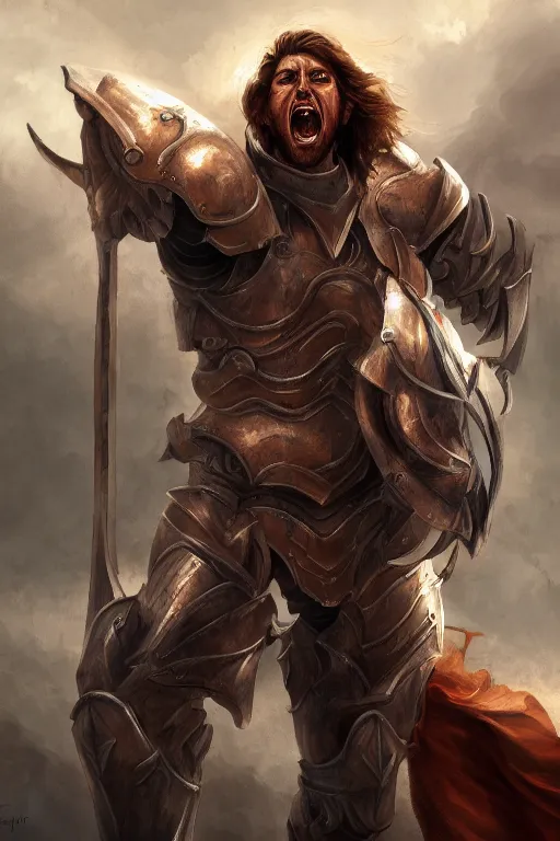 Image similar to half - length portrait of a human male paladin, screaming, emotions, dramatic. fantasy, digital painting, hd, detailed.