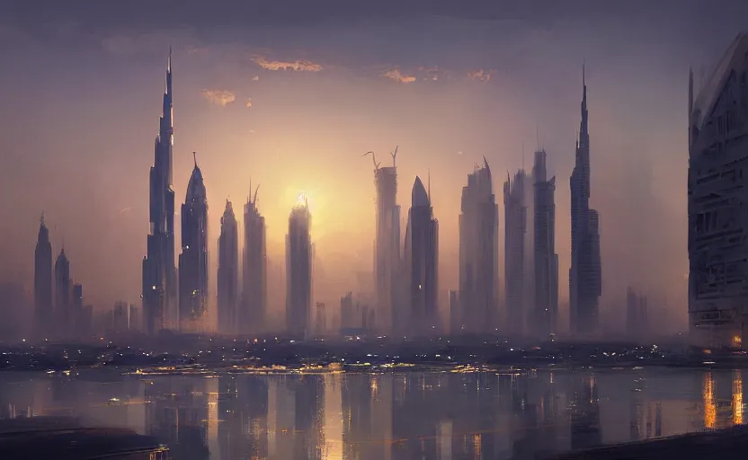 Prompt: painting of skyline of dubai at sunset, natural light, concept art, by greg rutkowski, cozy atmospheric and cinematic lighting
