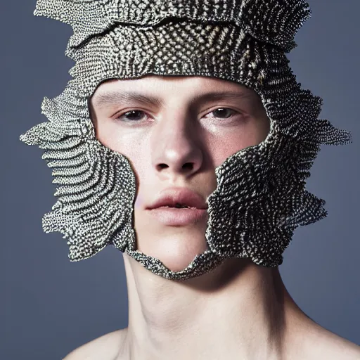Image similar to a portrait of a beautiful young male wearing an alexander mcqueen armor made of fish scales , photographed by andrew thomas huang, artistic
