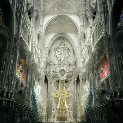 Prompt: a hyperrealistic 3 d render of a delicate ivory sculpture of an ornate detailed cathedral populated by mandelbrot fractals by android jones, micro detail, unreal engine, volumetric lighting, dramatic lighting, psychedelic, octane renderer, catholicpunk, glowing, white color scheme, photorealistic, physically based rendering, angelic, colorful, carved soap, trending on cgsociety