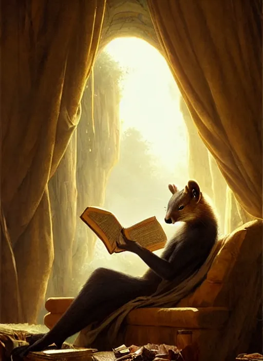 Prompt: a beautiful scene from a 2 0 2 2 fantasy film featuring a humanoid pine marten with golden eyes wearing a loose white tunic reading on a couch. joseph ducreux, greg rutkowski.