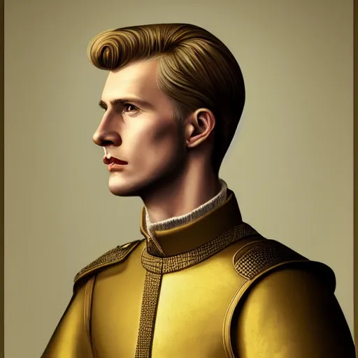 Prompt: A Crusader Kings II portrait of a blond young English man with high cheekbones. Good bone structure. Dressed in 1940s style. Highly detailed, fine Art, high detail, great lighting, 8k resolution, masterpiece, concept art, illustration, clear eyes, painting oil on canvas, octane render, HDR, trending on artstation, 4k, 8k, HD