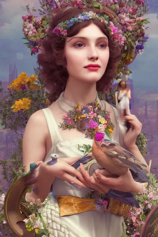 Image similar to face closeup, 3 d render of english princess holding birds, ornaments, background flowers, mucha vibe, dieselpunk, solarpunk, artstation