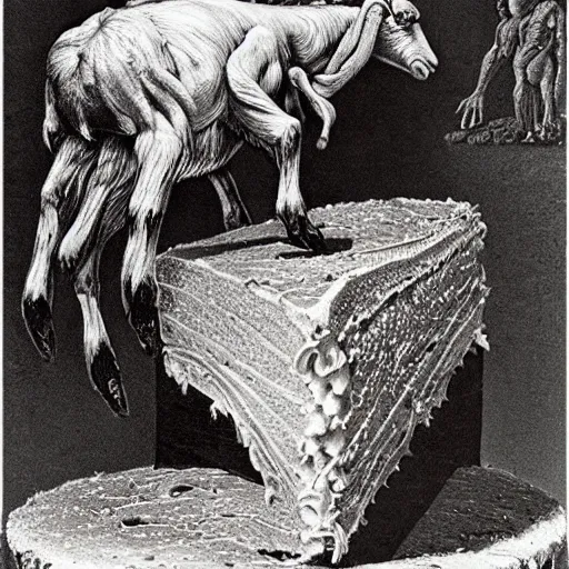 Image similar to a goat's birthday cake, from the terrifying and incomprehensible beyond, body horror, by gerard brom, zdzisław beksinski and ansel adams