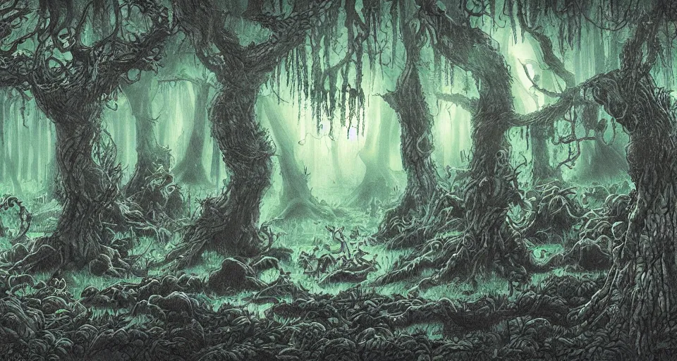 Image similar to A dense and dark enchanted forest with a swamp, by Akira Toriyama