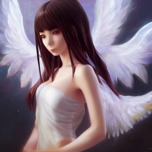 Image similar to an oil painting of a beautiful anime girl with angel wings, by artgerm, wlop and greg rutkowski, hd, hdr, ue 5, ue 6, unreal engine 5, cinematic 4 k wallpaper, 8 k, ultra detailed, high resolution, artstation, award winning