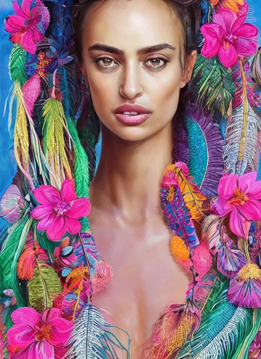 Image similar to beautiful portrait of Irina Shayk wearing fantastic Hand-dyed cotton dress,embellished beaded feather decorative fringe knots ,colorful pigtail,subtropical flowers and plants,symmetrical face,intricate,elegant,highly detailed,8k,digital painting,trending on pinterest,harper's bazaar,concept art, sharp focus, illustration,golden ratio,by artgerm,Tom Bagshaw,Lawrence Alma-Tadema,greg rutkowski