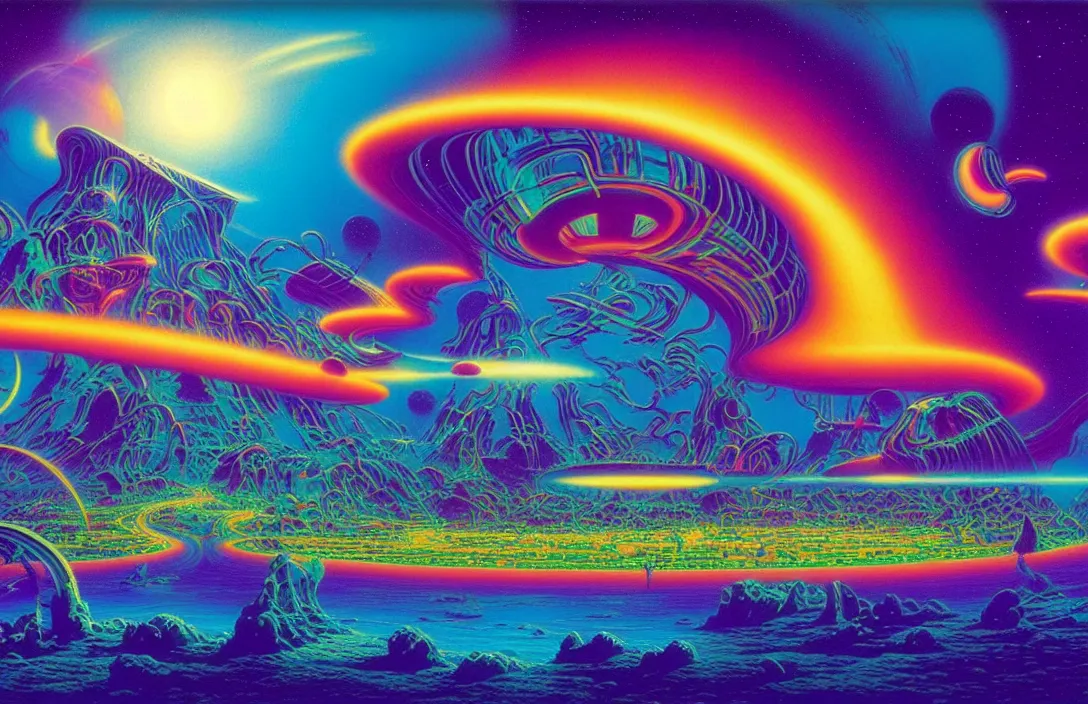 Prompt: cosmic sci - fi exotic islands, infinite psychedelic waves, synthwave, bright neon colors, highly detailed, cinematic, panoramic, tim white, michael whelan, roger dean, bob eggleton, lisa frank, vladimir kush, kubrick, james gurney, giger