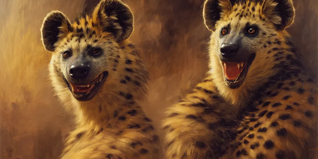 Image similar to a portrait of a hyenaman smiling looking at the viewer. highly detailed painting by gaston bussiere, craig mullins, j. c. leyendecker 8 k