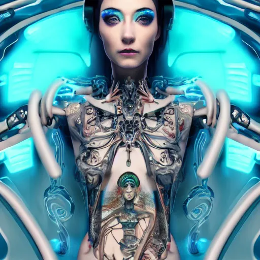 Image similar to an extremely beautiful biomechanical female robot with large emoji tattoos, twins, neon jacuzzi, oppai cyberpunk, chimeric organism, holodeck, pale skin, organic polycarbon, glowing blue eyes, full frontal portrait, highly detailed, transhumanist hydration, symmetrical, priestess, mechanical, mendelbrot fractal, ray tracing, hyperdetailed, hyperrealistic, zdislaw beksinski, trending on artstation, octane render, hdr, uhd 4k