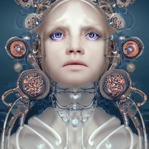Prompt: stunning hyperdetailed upclose symmetrical portrait of 6 5 year old caucasian cyborg girl with translucent porcelain skin, lush thick hair, big electric eyes, ultra detailed ornate neon wire lacing, ultra detailed steampunk cyborg implants, complex white nano mechanical flowers, micro detail, by satoshi kon, sharp focus, trending on artstation hq, deviantart, pinterest, 8 k