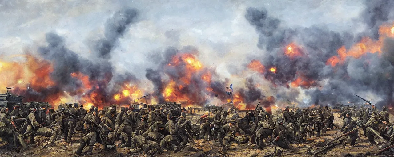 Image similar to a historical oil painting depicting the battle of mariupol 2022