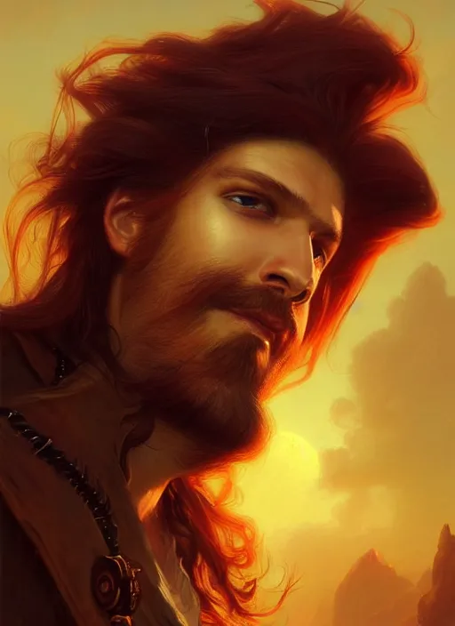 Image similar to portrait painting of a handsome rugged long hair crimson hair male pirate, soft hair steampunk zeppelin in the sky sunset golden hour art by raphael lacoste and stephan martiniere greg rutkowski gaston bussiere fantasy soft hair trending on artstation deviantart book cover art concept art key art dramatic volumetric lighting, 4 k, award winning