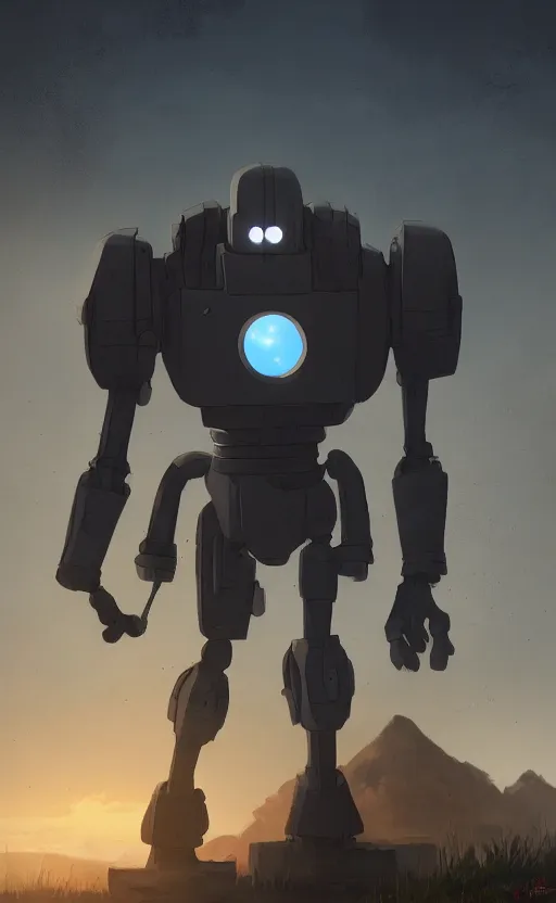 Image similar to iron giant standing near his farm, dynamic lighting, photorealistic fantasy concept art, trending on art station, stunning visuals, creative, cinematic, ultra detailed