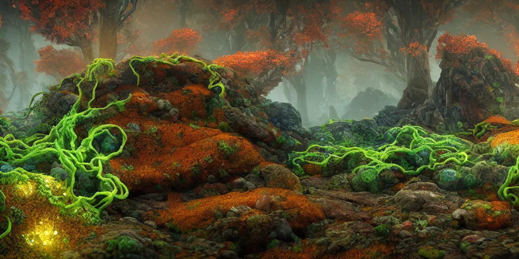 Image similar to Photorealistic levitating person made from colorful fungus tendrils. a gentle rising mist, an epic rocky landscape. occult photorealism, UHD, amazing depth, glowing, golden ratio, 3D octane cycle unreal engine 5, volumetric lighting, cinematic lighting, cgstation artstation concept art
