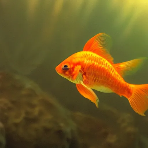 Image similar to a video frame from a nature film about the secret life of pet goldfish, ultra realistic, high definition